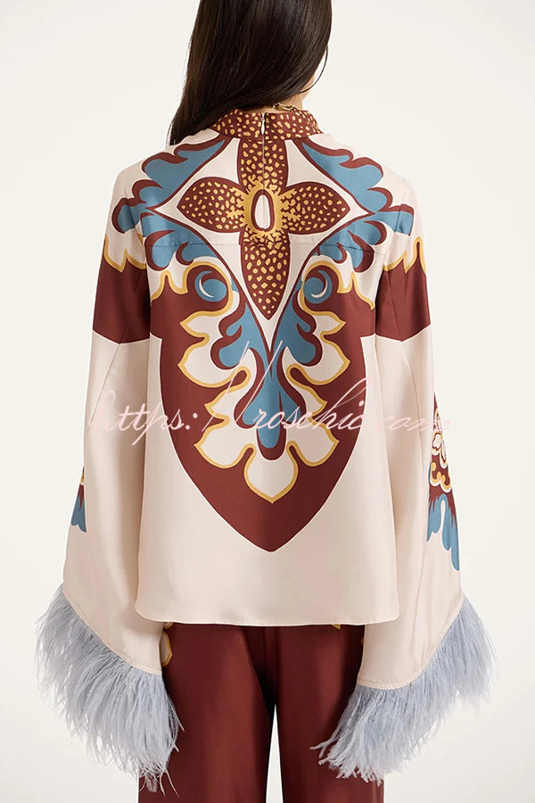 Bohemian Dreams Unique Print High Neck Feather Trim Bell Sleeve Top