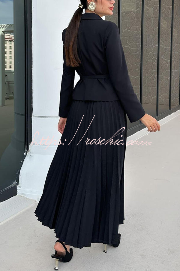 Solid Color Lapel Button Belt Blazer and Pleated Casual Maxi Skirt Set