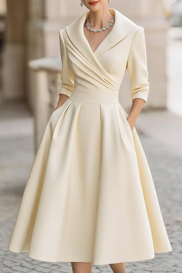 Solid Color Elegant Long Sleeve Waist Pocket Midi Dress