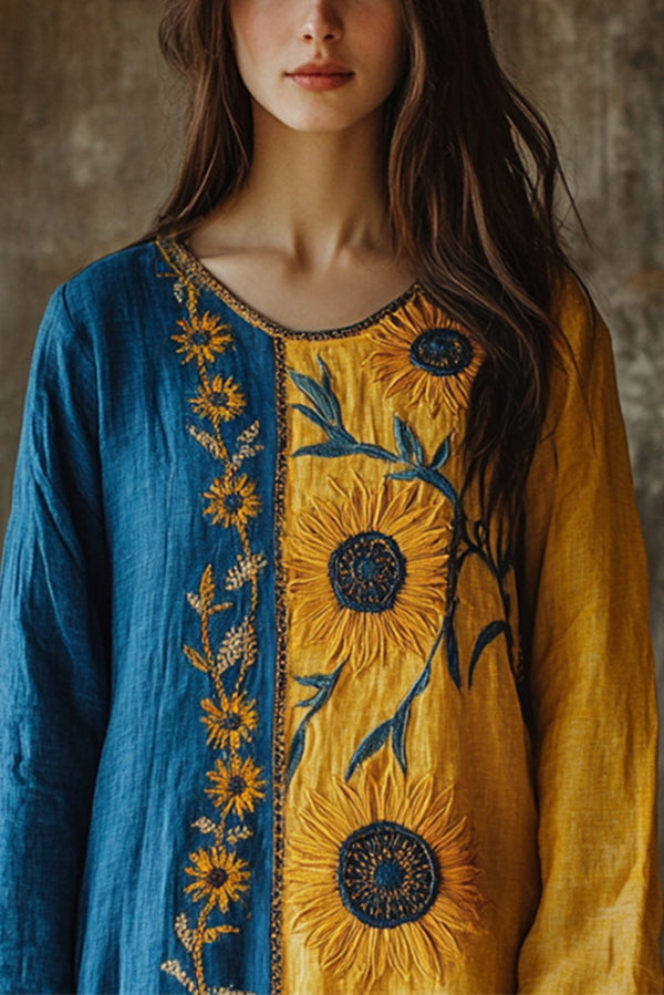 Bohemian Floral Print Round Neck Long-sleeved Loose Top