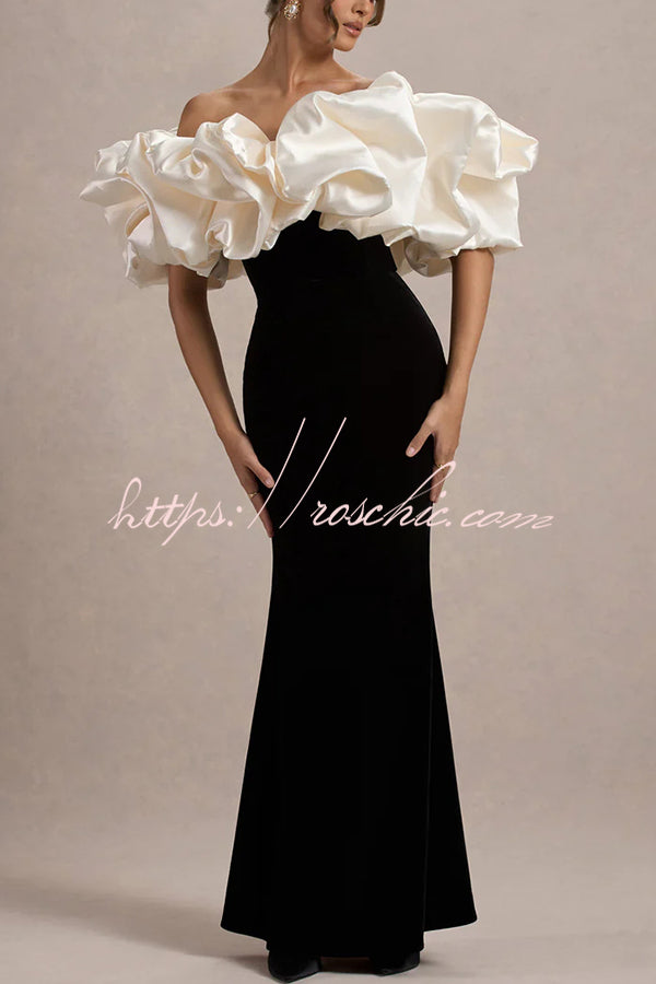 Cecily Velvet Off Shoulder Satin Structured Bardot Neck Stretch Maxi Dress