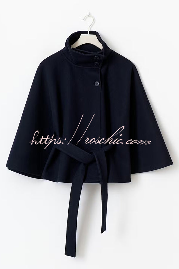 Fashionable Stand Collar Button Waist Tie Loose Cape