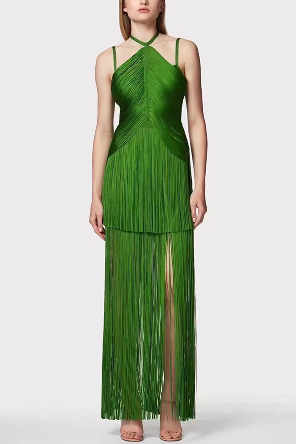 Sexy Halterneck Open Back Elegant Tassel Slim Maxi Dress
