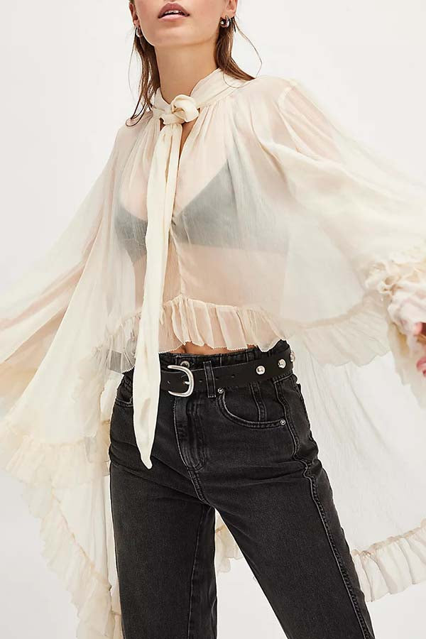 Flowy See-through Ruffle Tie-up Neck Bell Sleeve High-low Hem Cape Shirt
