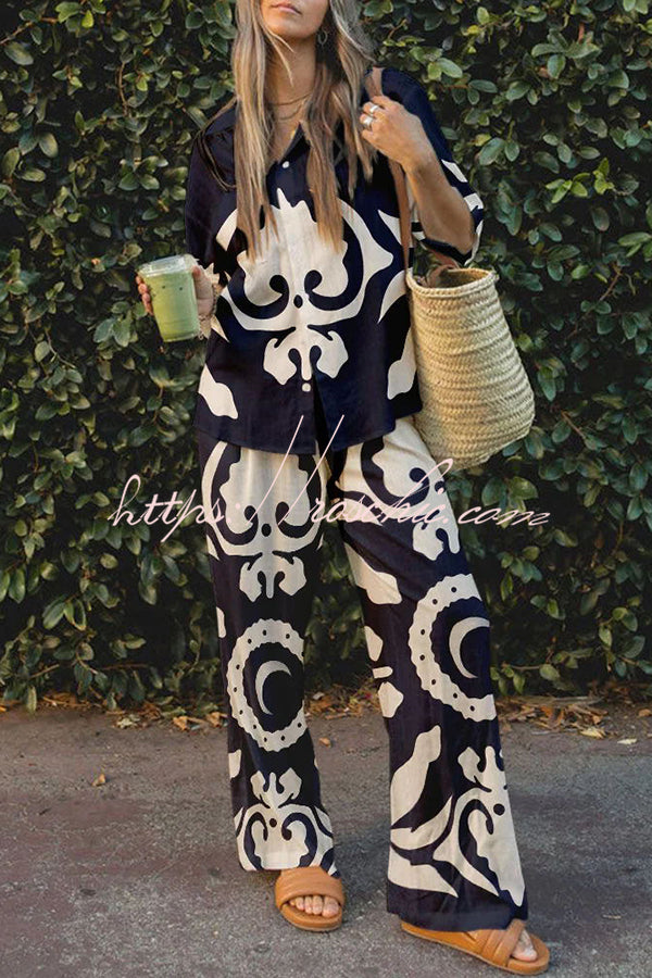 Abstract World Print Button Elastic Waist Pants Set