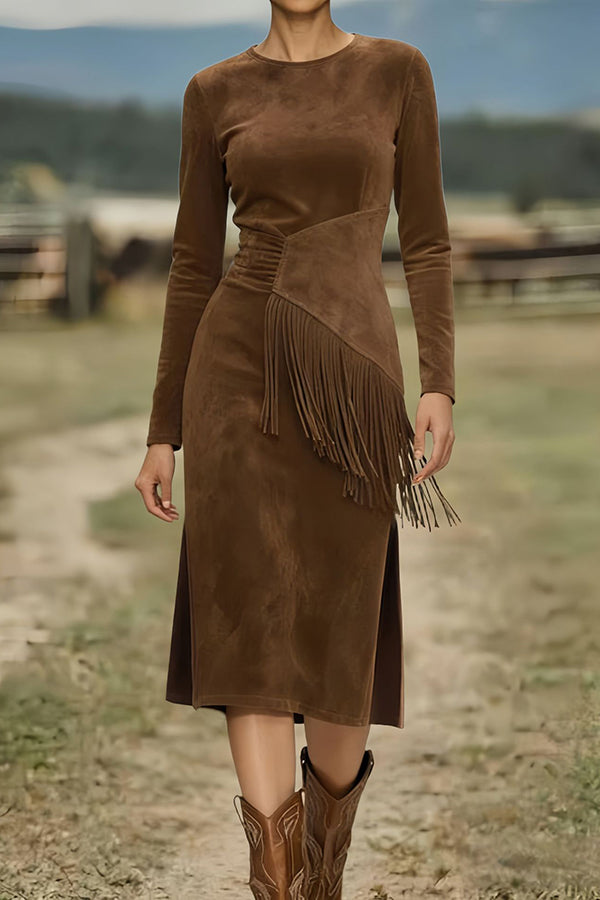 Solid Color Round Neck Long-sleeved Suede Slim-fit Tassel Midi Dress