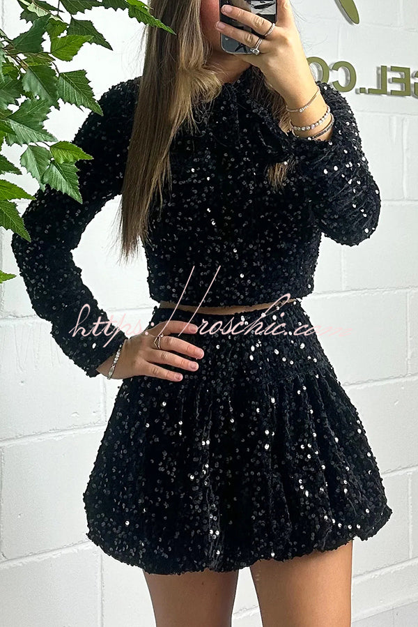 Solid Velvet Sequined Long Sleeve Tie Top and Seersucker Mini Skirt Set