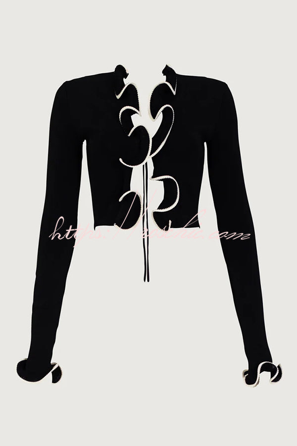 Fashion Ruffled Long-sleeved Tie-cropped Knitted Cardigan