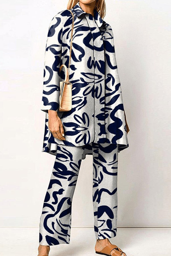 Geometric Print Lapel Long Sleeved Top and Pants Two Piece Set