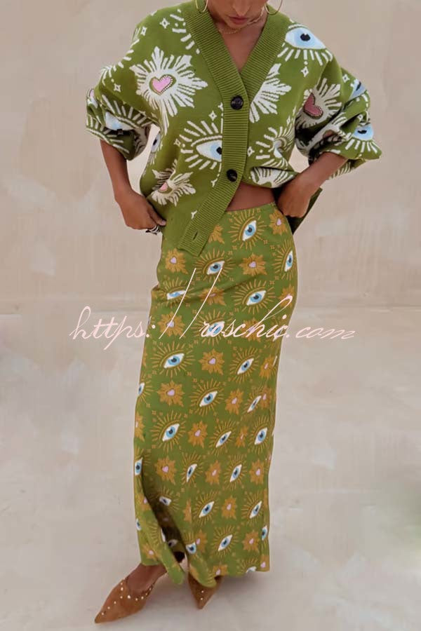 Mysterious Magic Satin Eye Heart Pattern Elastic Waist Drape Maxi Skirt