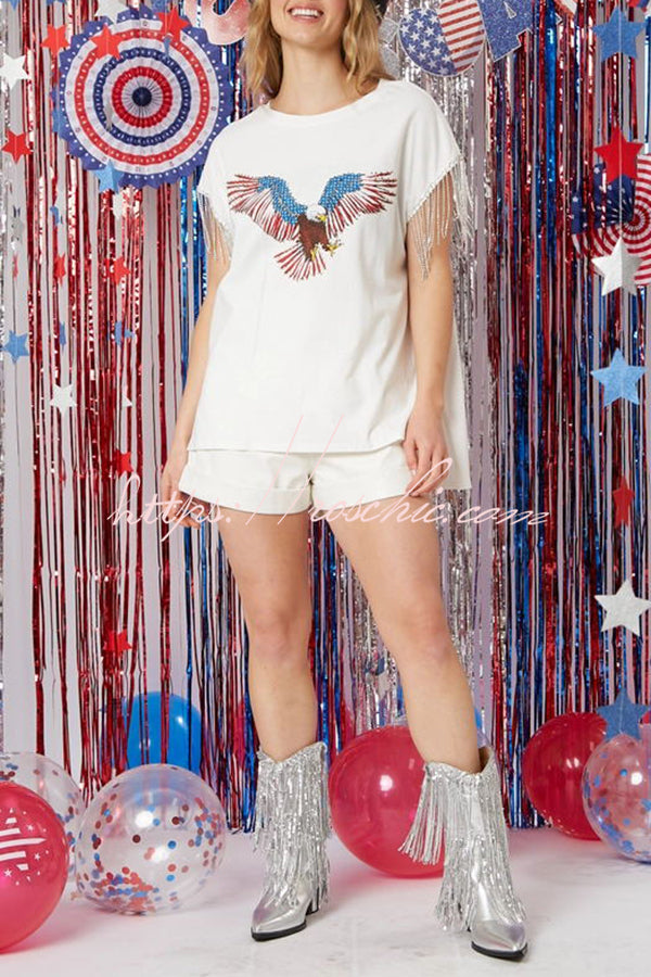 Extraordinary American Eagle Print Rhinestone Tassel Short Sleeve T-Shirt