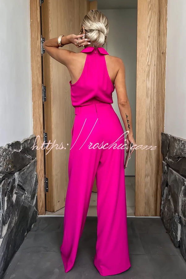 Fashionable Unique Look Halter Shirt Collar Pocketed Wide Leg Jumpsuit