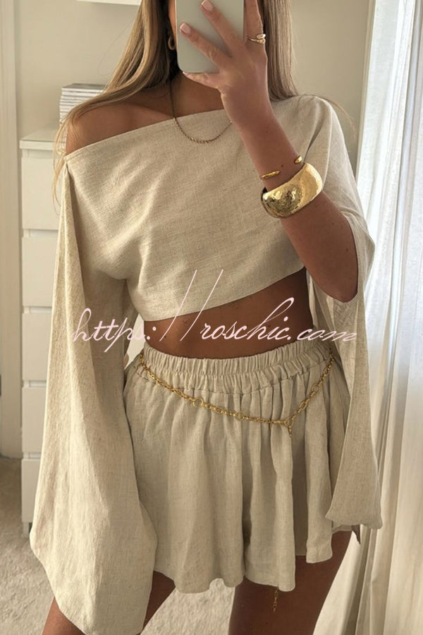 Mae Linen Blend Cropped Wide Sleeved Top and Elastic Waisted Shorts Set