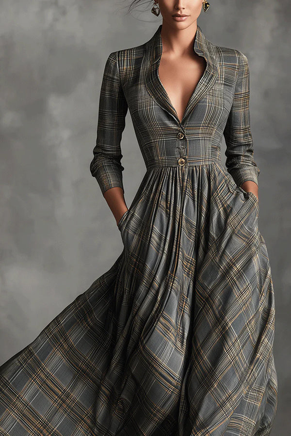 Retro Plaid Print Long-sleeved Shirt Style Casual Maxi Dress
