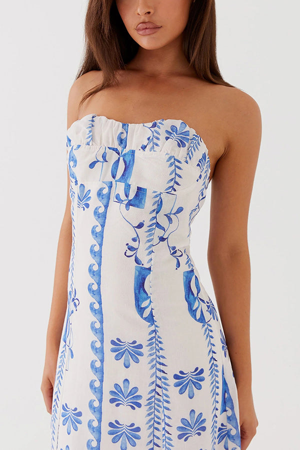 Freya Linen Blend Floral Wave Print Ruched Bust Strapless Maxi Dress –  roschic