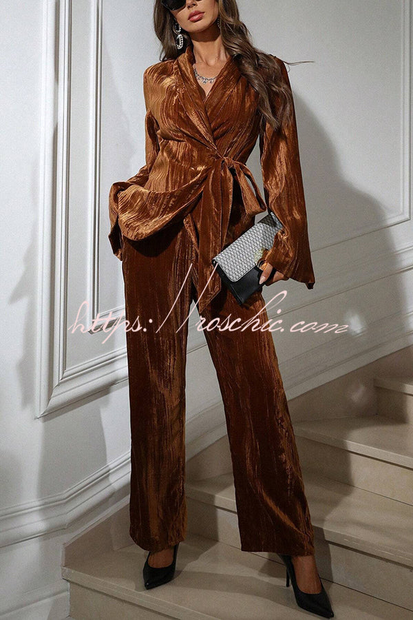 Solid Color Velvet Pleated Long-sleeved Tie Top and Casual Pocket Straight-leg Pants Set