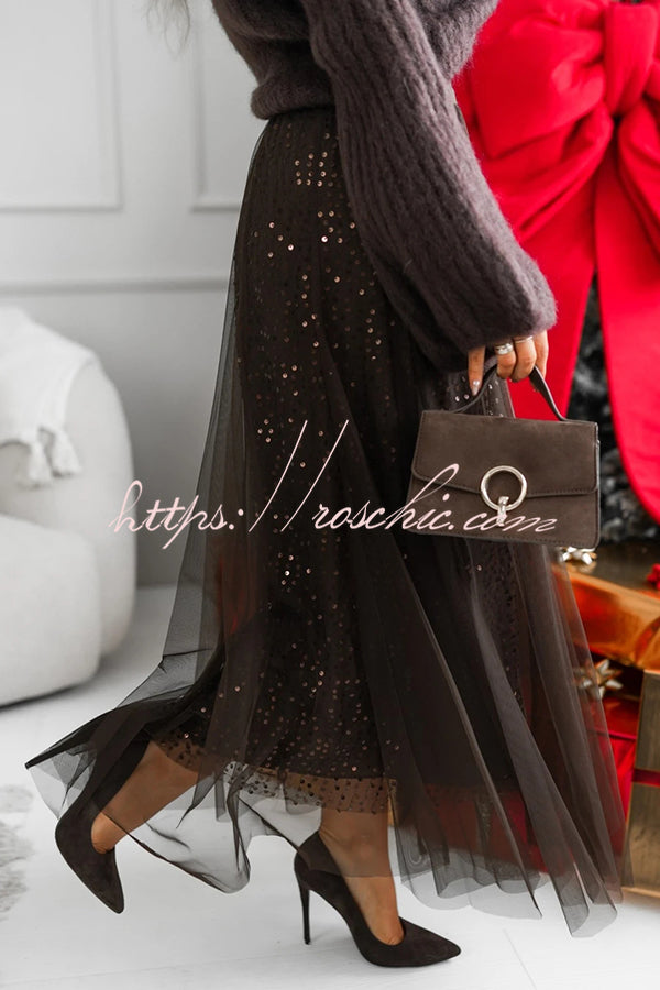 Party Daydream Sequin Tulle High Rise Elastic Waist Maxi Skirt