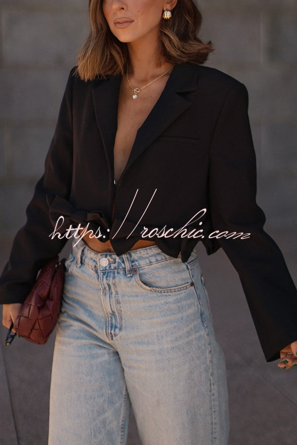 So Chic Bow Trim Long Sleeve Lapel Crop Blazer