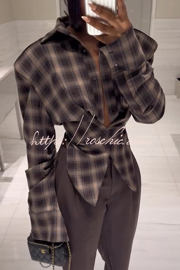 Vintage Plaid Shoulder Pad Buttons Long Sleeve Angled Hem Shirt