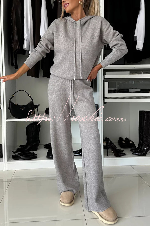 Solid Color Loose Hooded Tie Sweatshirt and Elastic Waist Casual Straight Pants Set