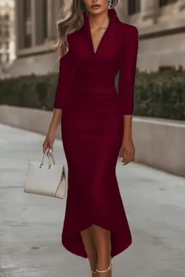 Satin Solid Color Long Sleeve V-Neck High Waist Maxi Dress