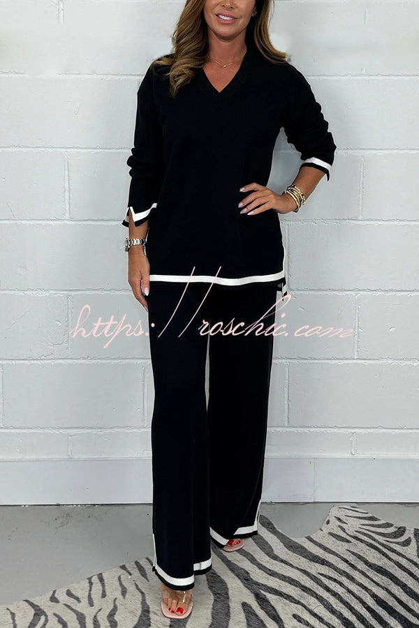 Solid Color V-neck Long-sleeved Loose Top and Elastic Waist Wide-leg Pants Set