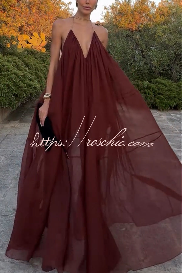 Flowing Lightweight Chiffon Chain Halter Neck Detail Backless A-line Maxi Dress