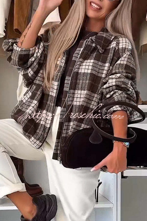 Fashion Plaid Print Lapel Long Sleeve Loose Zipper Jacket