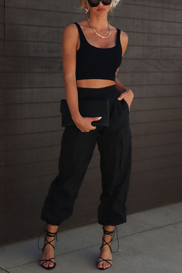 Let��s Rewind Nylon Elastic Waist Pocketed Cargo Pants