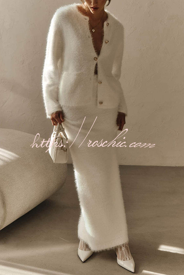 Solid Color Long-sleeved Button-pocket Knitted Jacket and Elegant Long Skirt Set