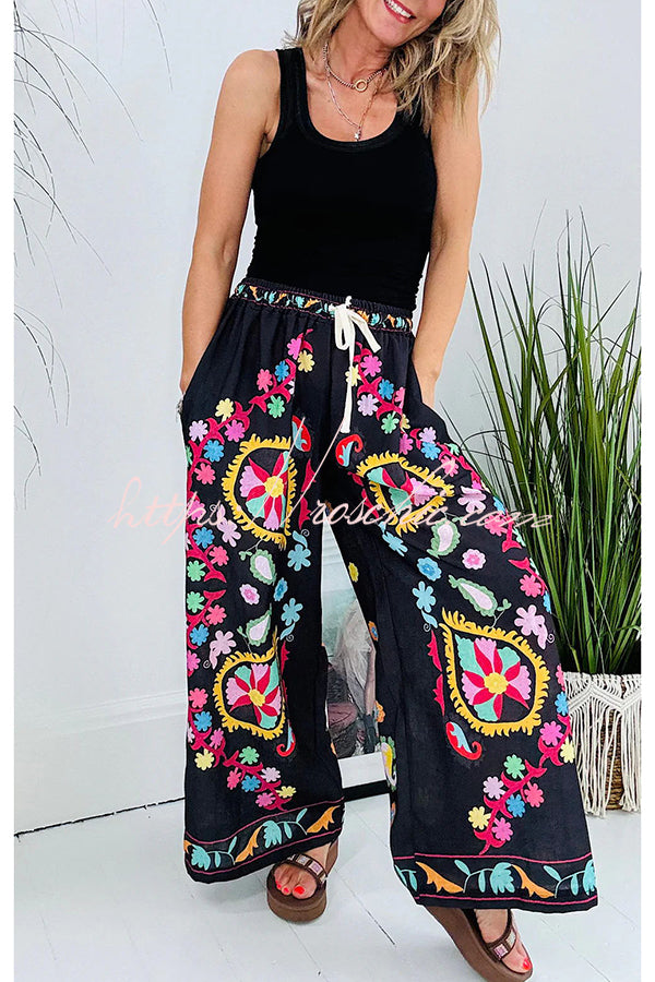 Hippie Style Unique Floral Denim Print Elastic Waist Pocketed Wide Leg Pants