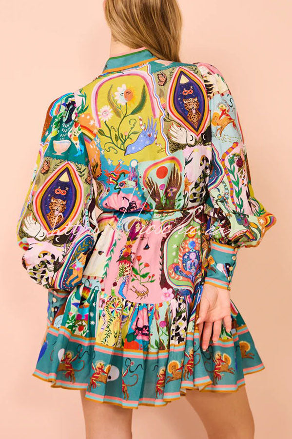 Touch of Luxury Unique Print Balloon Sleeve Button Shirt Mini Dress