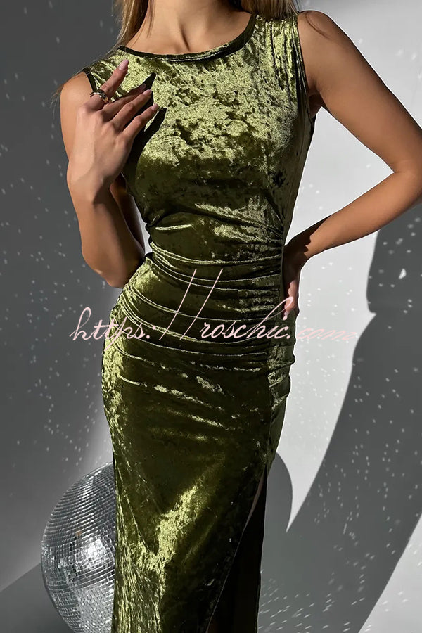 Solid Color Velvet Round Neck Sleeveless Slim Slit Maxi Dress