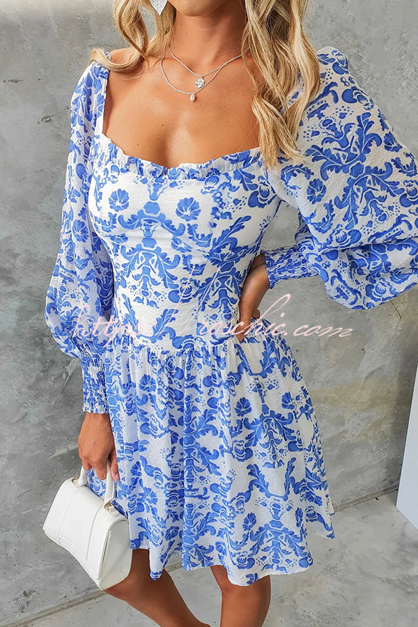 Formia Chiffon Unique Print Lantern Sleeve Back Smocked Mini Dress