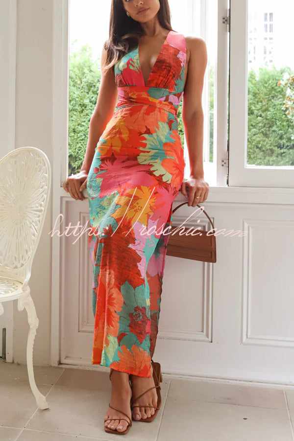 Unique Printed V-neck High Waisted Slit Maxi Dress