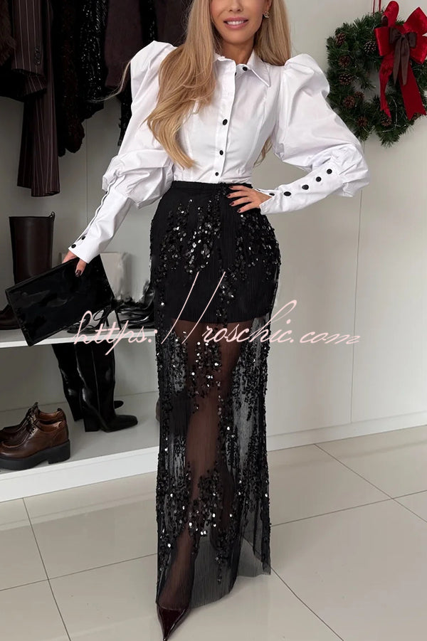 Darling Details Sequin Embroidered Tulle High Rise Elastic Waist Maxi Skirt