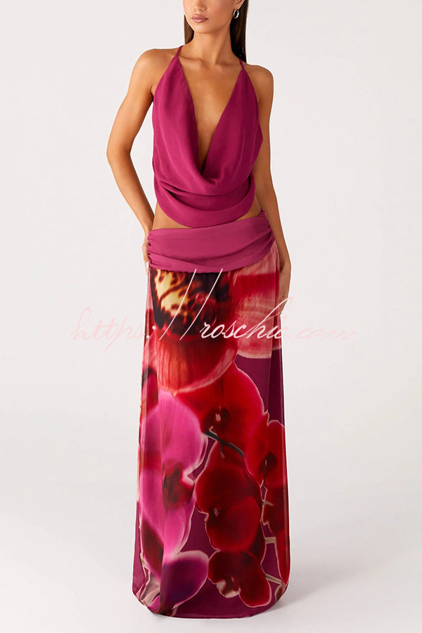Sexy Deep V Backless Draped Camisole Top and Floral Print Chiffon Maxi Skirt Set