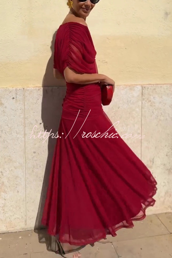 Unique Printed V-Neck Waisted Mesh Holiday Maxi Dress