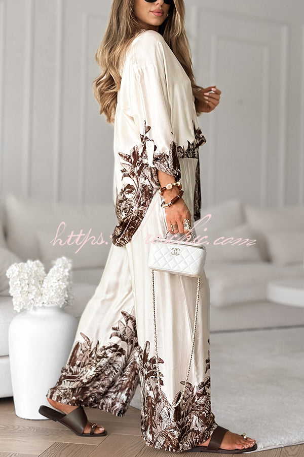 Botanical Print Loose Long-sleeved Shirt and Elastic Waist Pocket Casual Wide-leg Pants