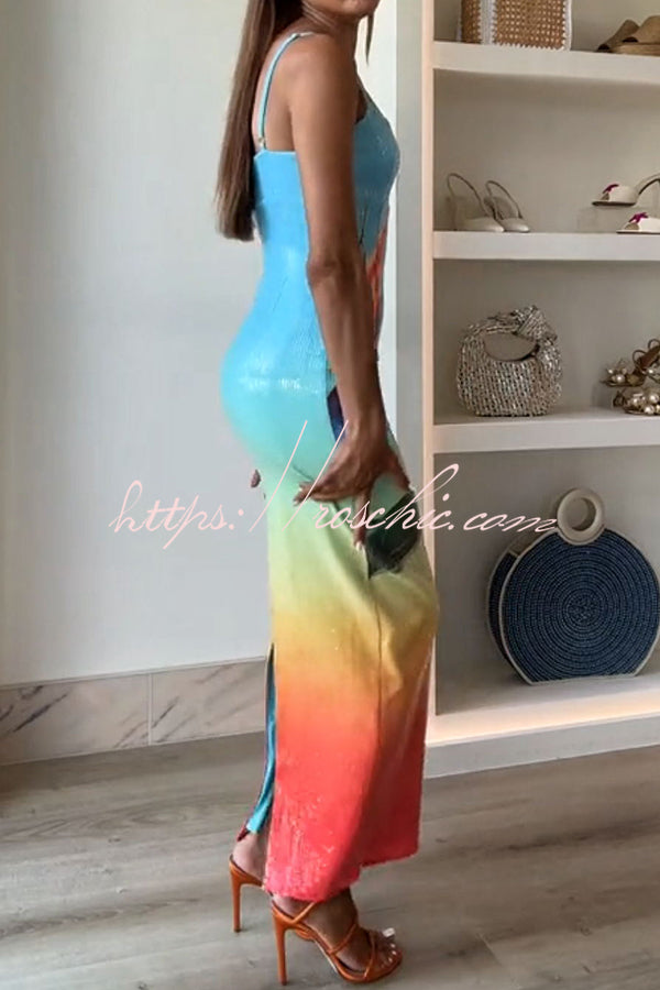 Dreamy Dreamy Sequin Unique Floral Gradient Print Slit Stretch Maxi Dress(Shipped within 24 hours)