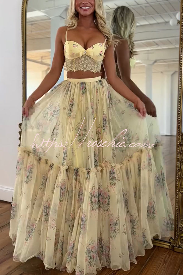 Vita Floral Satin Bow Lace Back Lace-up Crop Tank and Tulle High