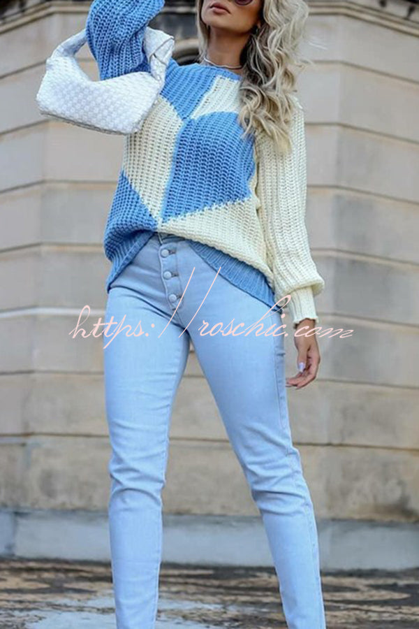 Round Neck Bell Sleeves Heart Contrast Knitted Long Sleeved Sweater