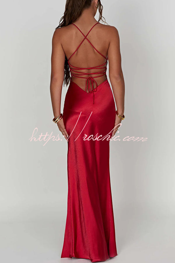 Satin Solid Color Sexy Backless Lace Up High Slit Maxi Dress