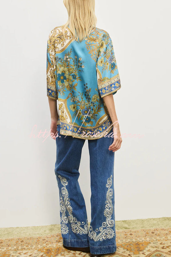 Satin Floral Print Loose Shirt and Elastic Waist Pocket Casual Wide-leg Pants