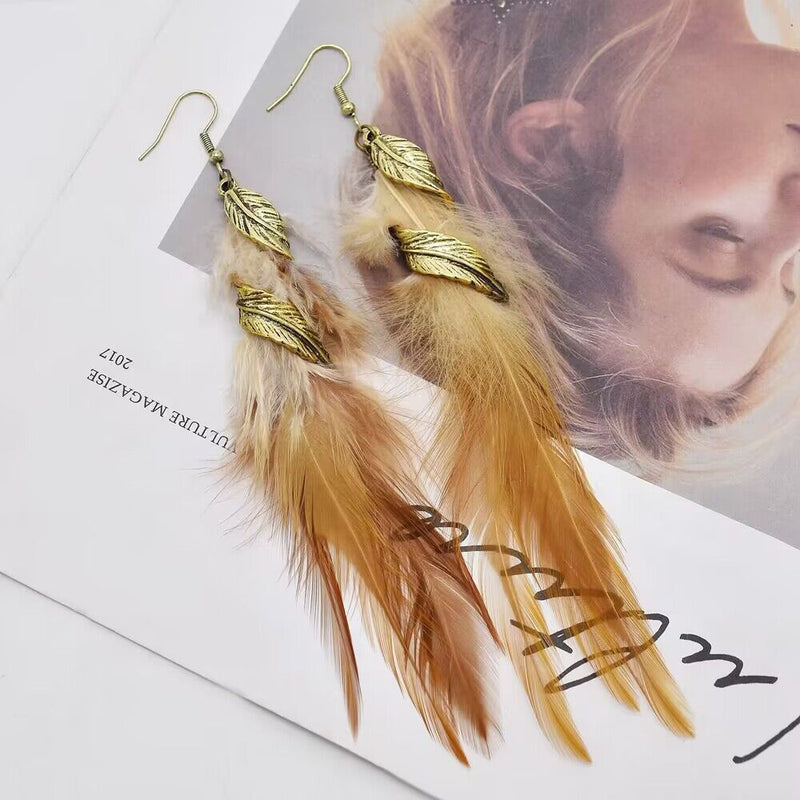 Vintage chain tassel bohemian feather earrings