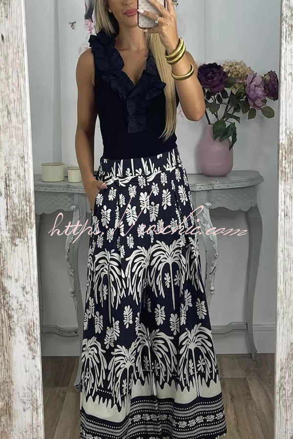 Unique Print Elastic Waist Loose Pocket Holiday Wide Leg Pants