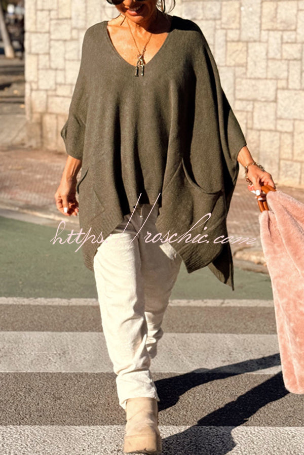 Fashion V-neck Loose Pocket Mid-length Knitted Sweater