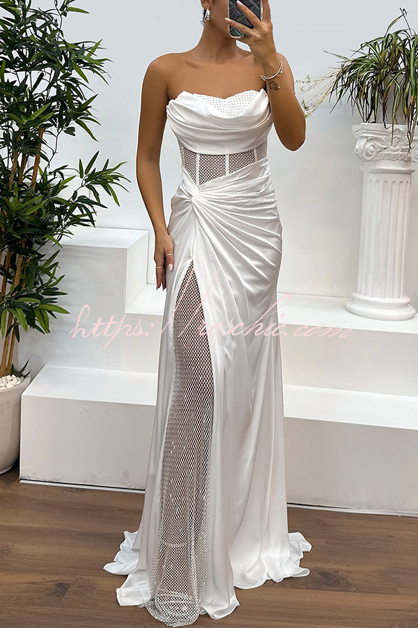 Audrey Satin Paneled Mesh Sequin Fabric Off Shoulder Ruched Drape Maxi Dress