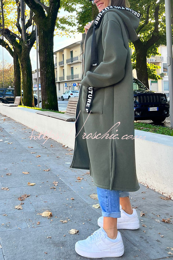 Fashionable and Casual Hooded Zipper Pocket Loose Long Coat
