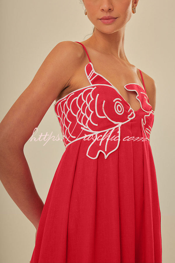 Red Fish Embroidered Sling Backless Maxi Dress